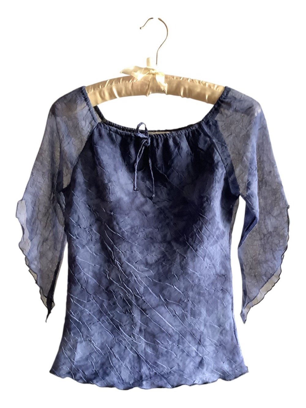 Y2K Blue Sheer Crinkle Tie-Neck Flutter Sleeve Top XS